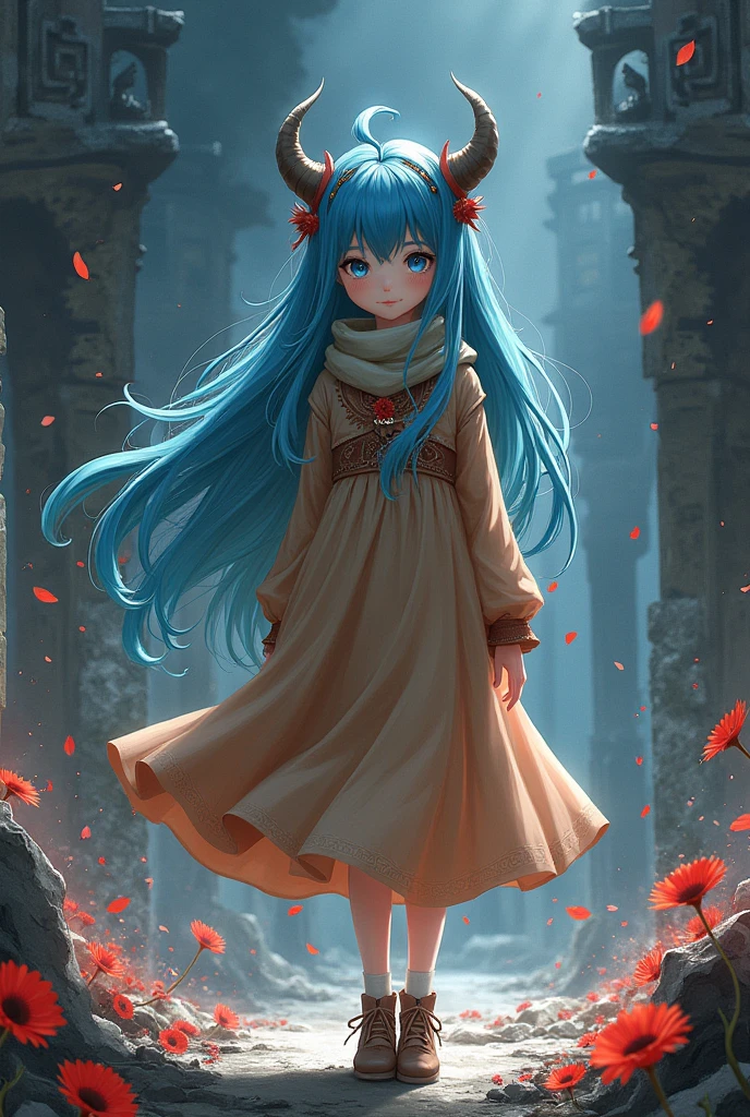 1 Girl,(Blue Hair)),Blue Eyes,萝,Long hair,(loose Long hair),((Knee-length brown phoenix dress)),(胡德角),scarf,With a monocle,night,red flowers falling,Upper Body,ruins,Strong shadows,Ash,fire,ice,((Ink wAsh painting)),((ink splAshing)),((color splAshing)),