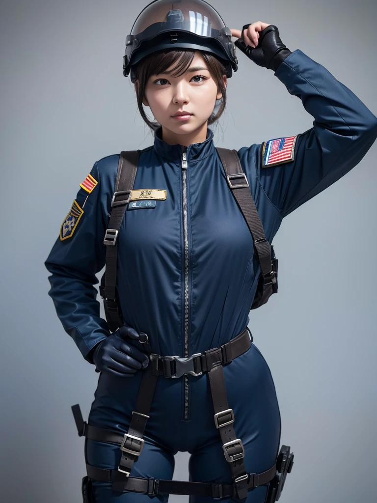 A female air force soldier wearing a helmet and pilot suit,Thick harness belt,Plump,Slightly thicker,