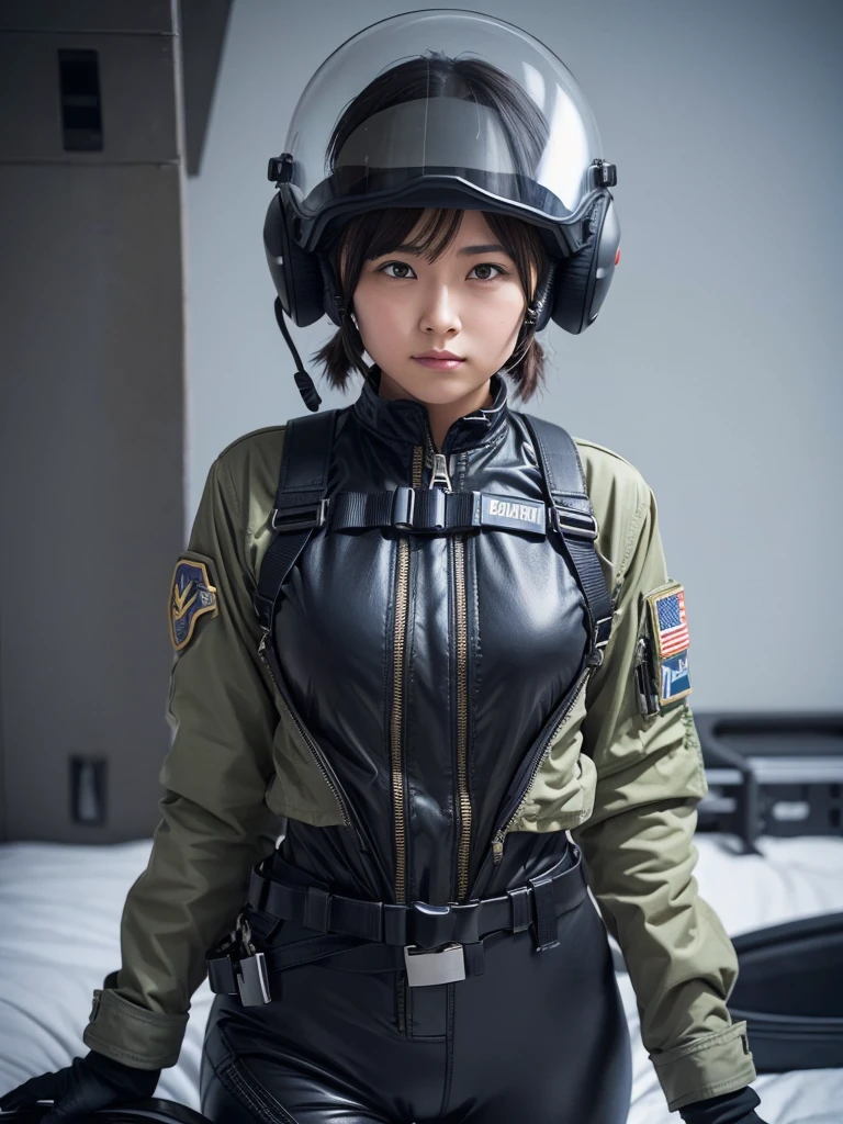 A female air force soldier wearing a helmet and pilot suit,Thick harness belt,Plump,Slightly thicker,