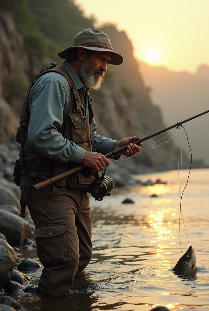 Create an image of a fisherman with his rod taking a fish out of the water with a background of rocks and a river seen from behind the young person at sunrise