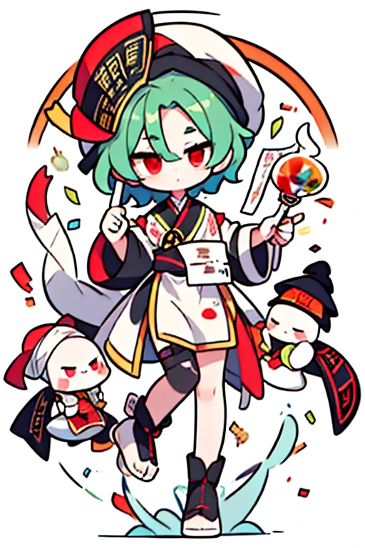 (((Jiangshi)))、masterpiece、Green Hair、Whites of the eyes are black、extra short hair、forehead、Banknotes on the forehead、flipped hair、messy hair、choppy hair、very short hair、((Paint the whites of the eyes black))、Red eyes、Inverted Eyes、Black and white eyes、((juvenile))、man、Long Tongue、Cute deformed、Center part、Pointy、whole body、4 heads、Compact size、Abstract art、Chibi character、Green muscle、((((red eyes))))