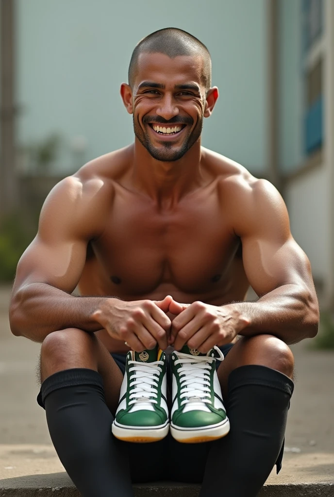 Imagine shirtless smiling shaved hair mexican soccer player holding his sneakers in hand. Back view. Sitting up.