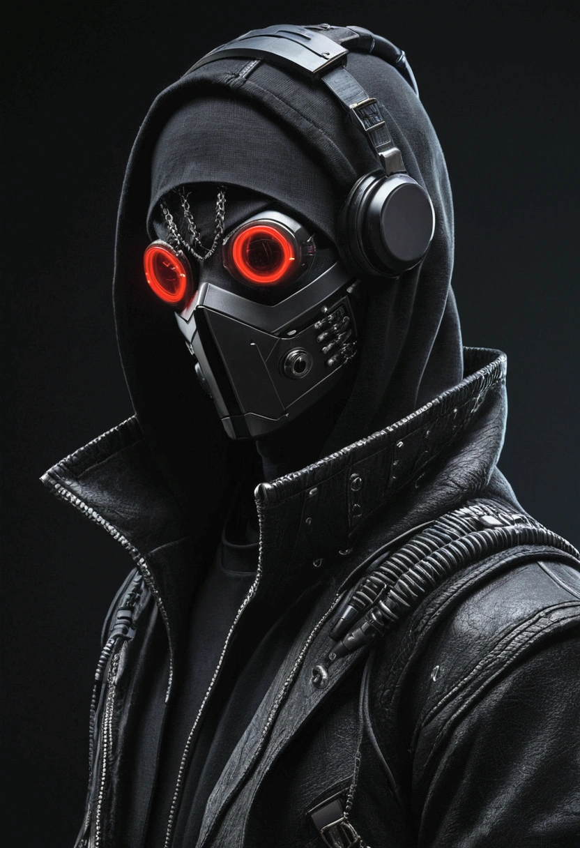 Male style character, de capuz, cyber punk style, without showing the face and red eyes, Very dark