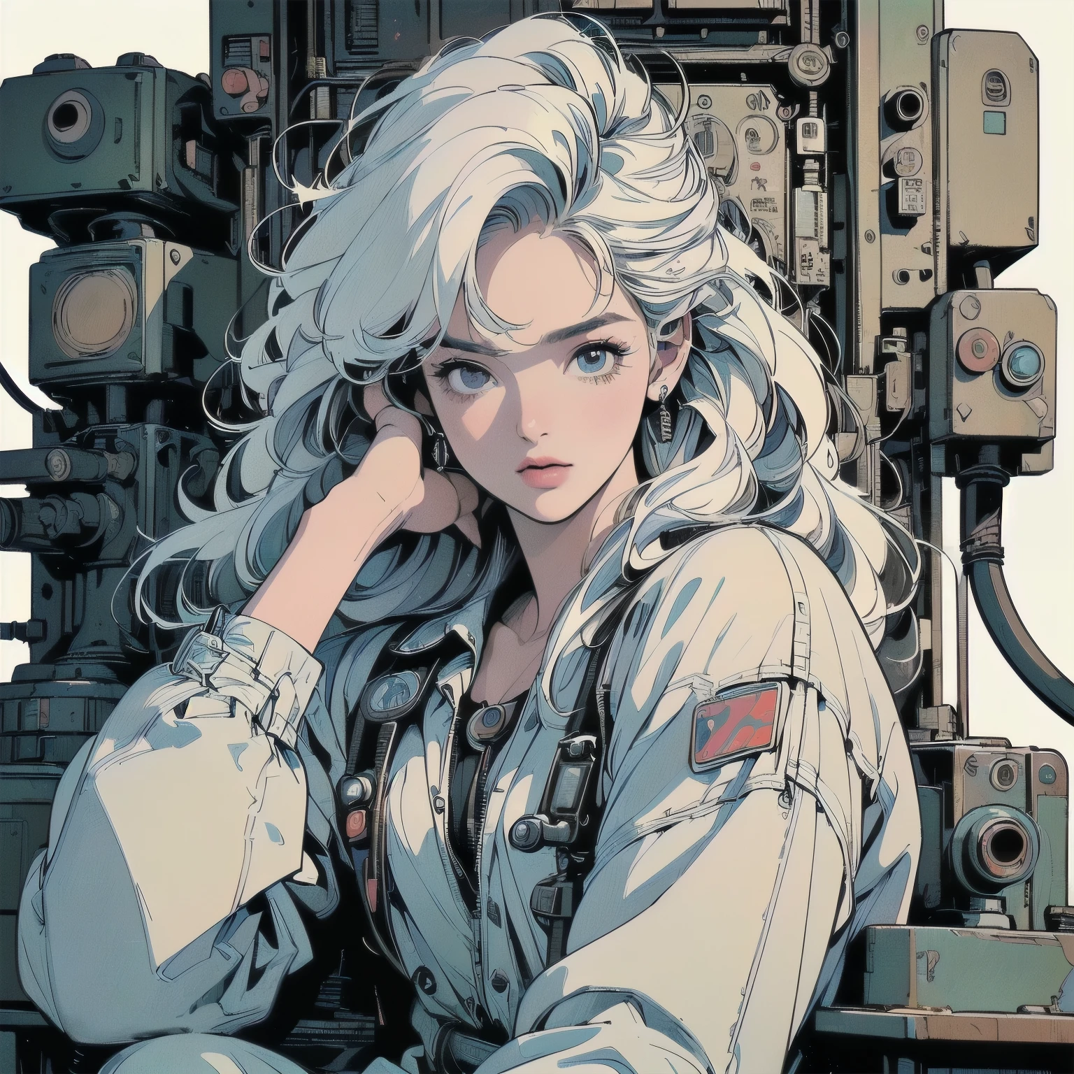 (((masterpiece, Highest quality)))、(((32K Wallpapers))), ultra high resolution, The most detailed black machine、((Outdated colorful machinery and a woman)))、The most detailed background、(((small Chest)))、(((Surrounded by many complex, sophisticated, Outdated machinery)))、((((Upper Body))))、 (one person:1.2), ((Overall colorfully))、A perfect Outdated machinery、(((Perfect Face)))、(((The most complete Outdated machinery)))、Detailed Hair、 (((Lots of cables)))、Close-up、(((Place your hands on the arms of the chair)))、(((A complex and huge engine)))、((White background only)))、(((signal machine)))、(((Sit on a long, vertically long mechanical chair)))、White space suit、(((Big overhead sign)))、(((White Hair)))、(((Cable connected to a machine worn on the head)))、(((Very perfect and detailed face)))、(((Colorful hair colors)))、(((mysterious)))