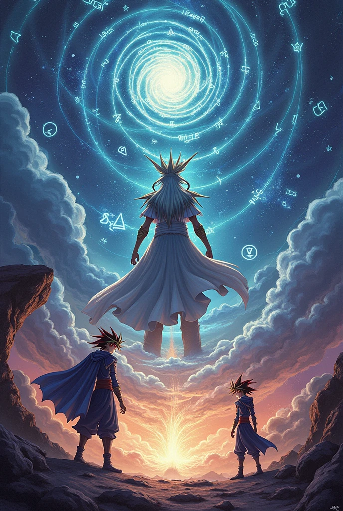 Create an image set in the world of Yu-Gi-Oh and that contains algebra in the background