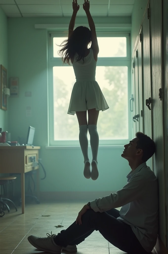 Scene of female student wearing white thigh high socks hanging herself to death , short pink dress, hovering in the air , a man sitting on the ground in panic