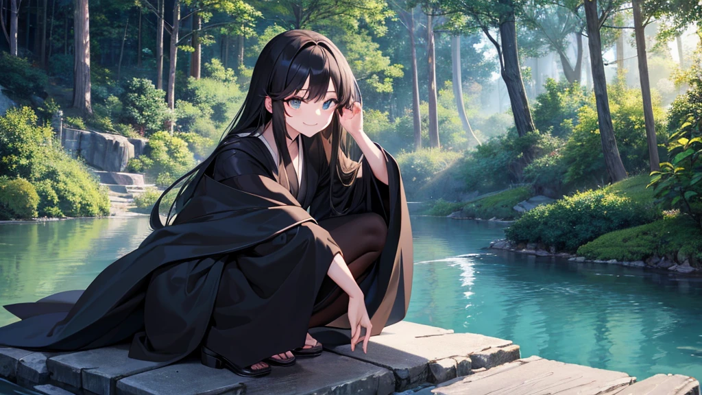 Apprentice wizard girl wearing black robe、Emerald clean sparkling eyes、Dark brown long hair、Crouching by the quiet river、smile、One person、solo、Retro anime style