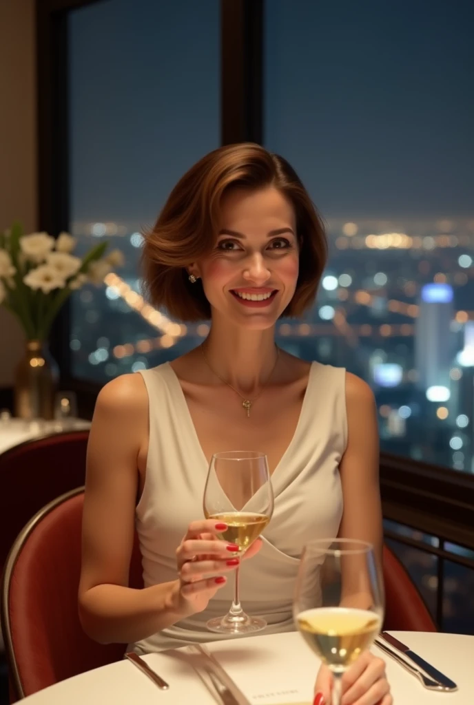(K, UHD, top quality, masterpiece: 1.2), (realistic, photorealistic: 1.37), super detailed, pretty woman 1, (slim face), (slim body), (brown hair), (short cut), cheeks slightly blushing, (40 years old), 3, solo, beautiful detailed urban night view outside the window, restaurant, wine glass sitting, at night, in a prominent place (from the waist up) NovaFrogStyle, Actress, Model, Waist Up, White Wine, Slim, Wine Glass, Super Clean Night View, Wine Glass Put in the Middle, Happy Smile, (Smile: 1.15), Beautiful Fine Eyes, Upper Body, Bust Japan Up, Night, Short, Short, Actress, Model, Waist Up, White Wine, Slim, Wine Glass, Super Clean Night View, Wine Glass Put in the Middle, Happy Smile,White Draped Asymmetric Cowl Neck Dress,north indian