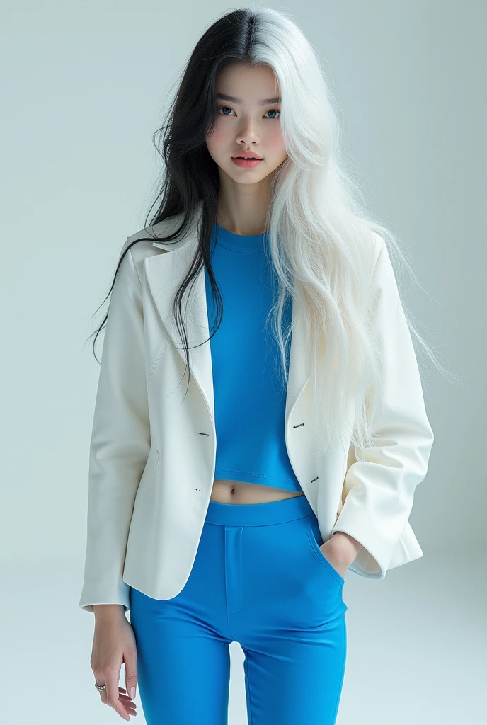 create a white haired girl with black hair tips using a white jacket and a blue shirt and leggings