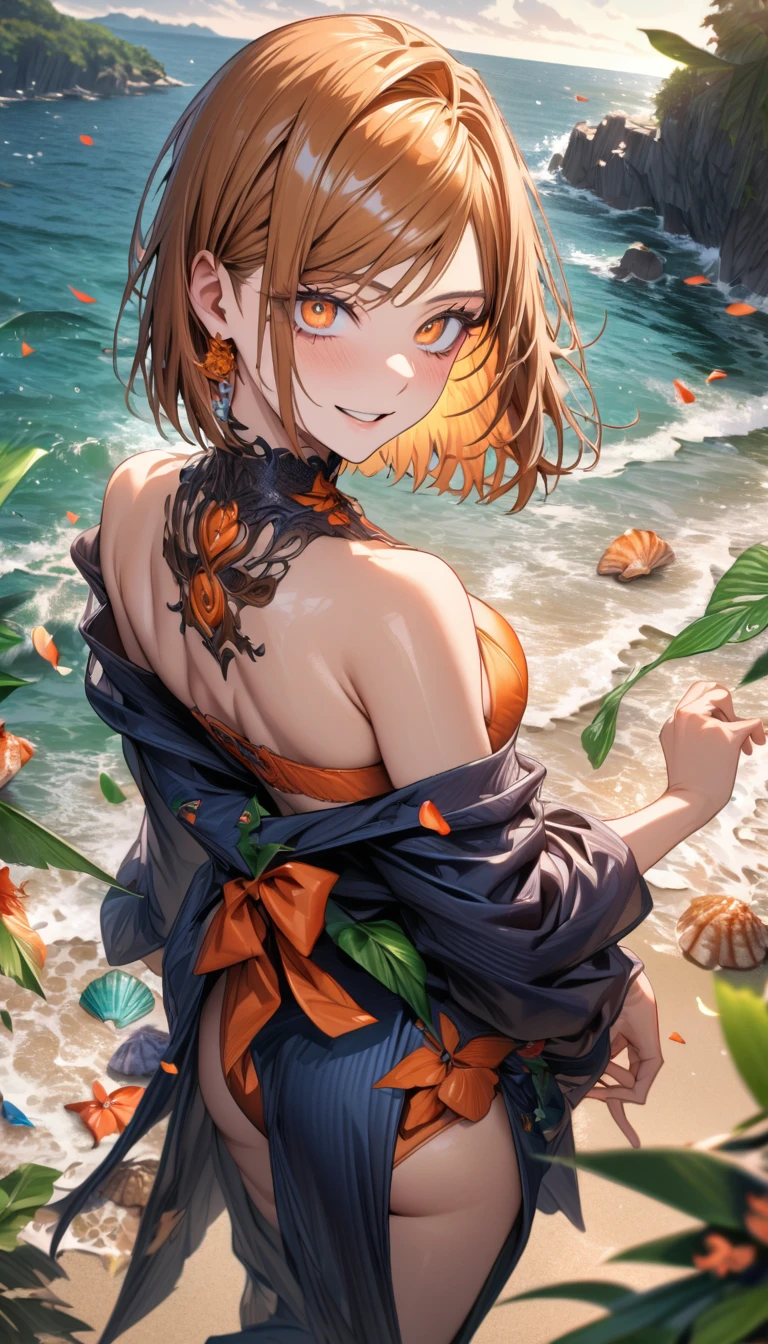 Ultra detailed, Highres, absurdres, HDR, master piece, Kugisaki Nobara, ginger hair, short hair, expressive orange eyes, Jujutsu Kaisen, woman, extremely beautiful, solo, beach, orange bikini, water, glittering, petals, fantasy, magical, smiling, green leaves, seashells