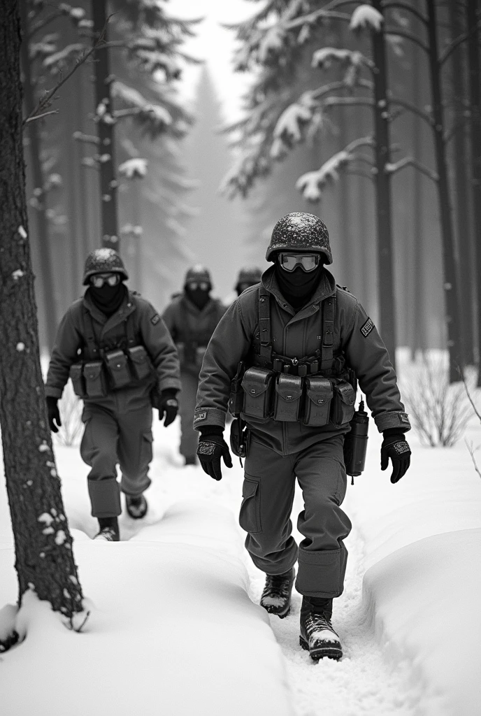 take a photograph of soldiers behind trees/conifers being mobilized sneakly, in snow suits, winter glasses, masked and wearing helmets, bad quality, sneakily view, 1950s, black and white, sneakily photo, photography among the trees, photography among the trees, sneakily