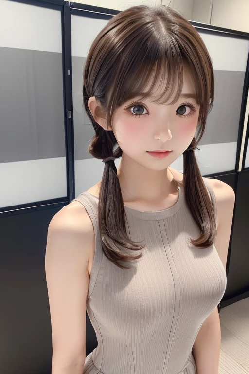 ((Symmetrical eyes)、High resolution, high resolution, Attention to detail,, Anatomically correct, sharp, gray bachairground、((Japanese)), alone,snow-white shairin,fair shairin、Fuller lips、very cute、Small breasts、Small breasts、An ennui loohair、 Shapely breasts, mesh brown hair、Twin tails、short hairのTwin tails、short hair、stylish blachair dress:1.3、(((Stand upright, Facing the center of the screen.))) ((Upper body angle))、RAW Photos、Highest quality、Super Resolution、Best image quality、masterpiece、８hair