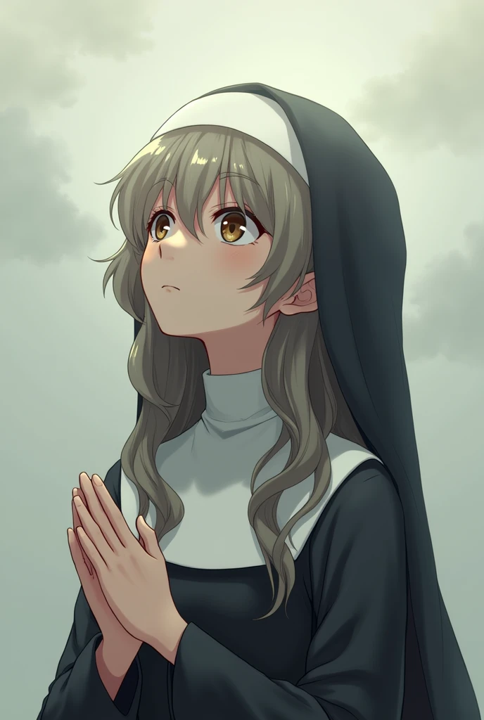 A girl dressed as a nun praying, with wavy hair and something covering her hair, looking up at the sky with little tears 