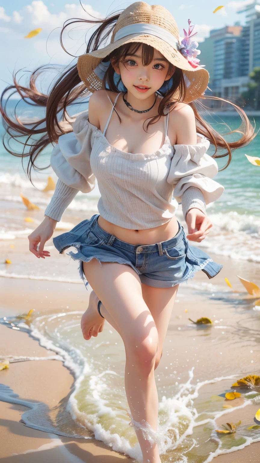 detailed face, masterpiece , Highest quality , Very detailed , 1 person, ((Contrasting Eyes)) , (Happy and joyful), ((running)) , bikini, Beach , bangs
