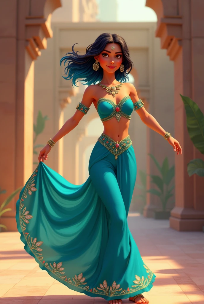 ((art animation 2D)) 20 year old woman with short wavy brown hair with dark blue dyed tips, with blue skin, Brown eyes, with good body, wearing a turquoise colored indian ballerina costume, dancing