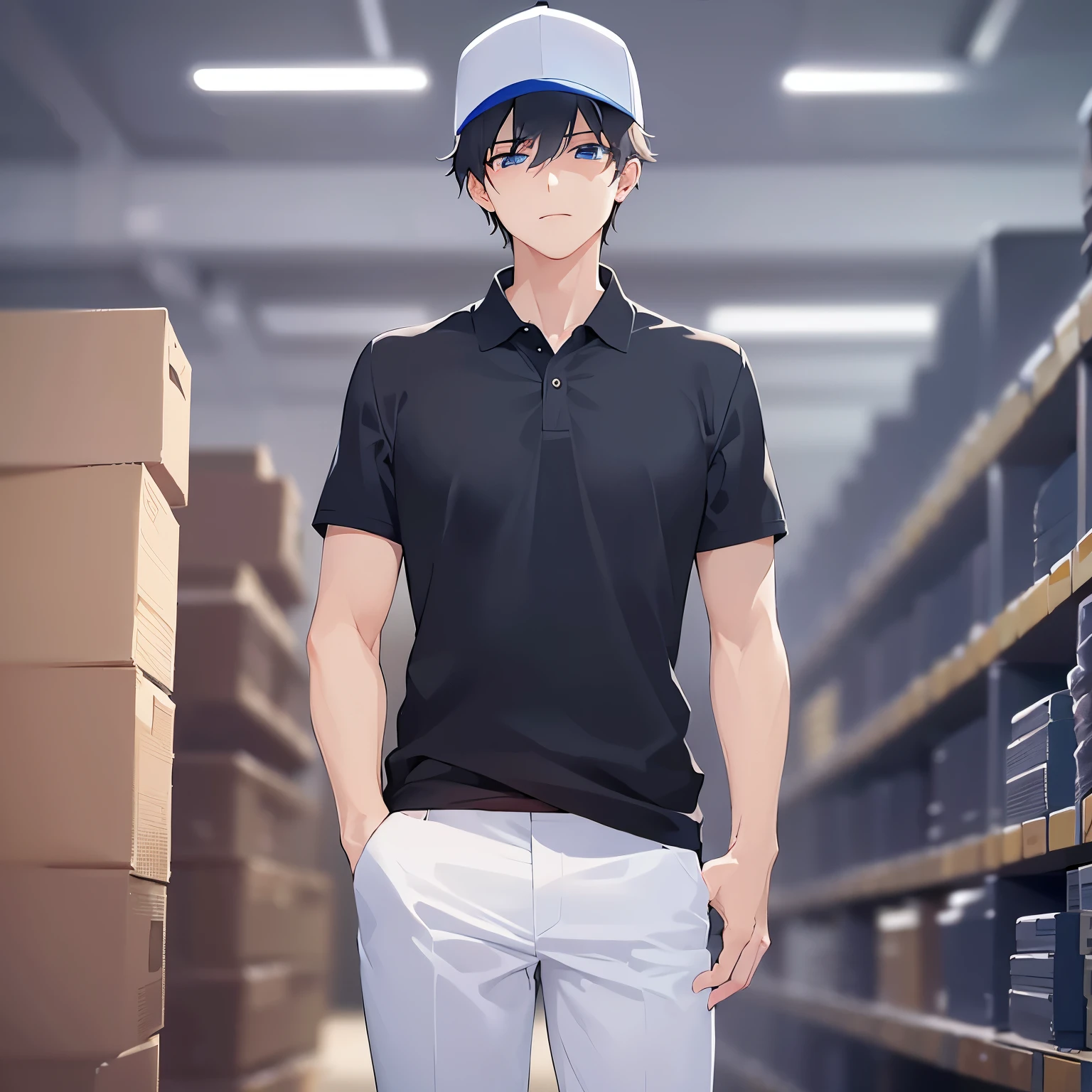 （looking away:1.5）upper body,
shiny skin, masterpiece、Highest quality、
(2 male:1.5) and (Black short hair) and (blue eyes), 
(black polo shirt)and(white cap)
Serious,Are standing、
Factory with machines、（alone:1.5）