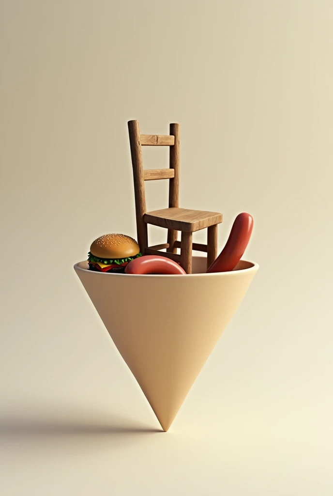 I require an image of a wooden chair in a cone, along with a hamburger and sausage I want for a meme, in a funny way Where the chair, the hamburger and sausage are inside the cone, that it be funny That everything is inside the cone