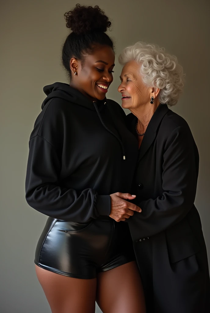 black woman hair in a bun black hoodie black leather short shorts being fucked in the ass by a old grandma in a dress