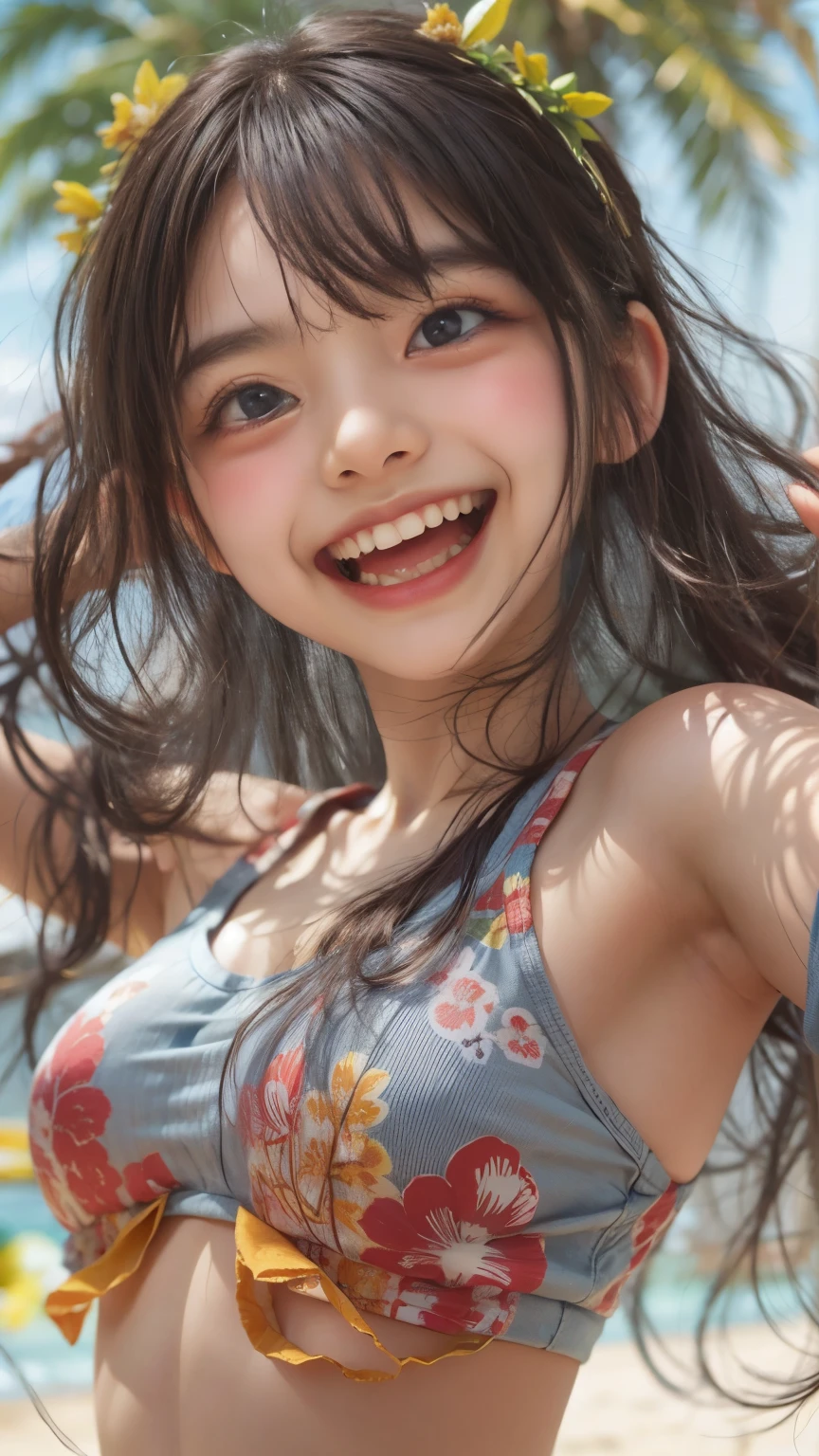 detailed face, masterpiece , Highest quality , Very detailed , 1 person, ((Contrasting Eyes)) , (Happy and joyful), ((running)) , bikini, Beach , bangs