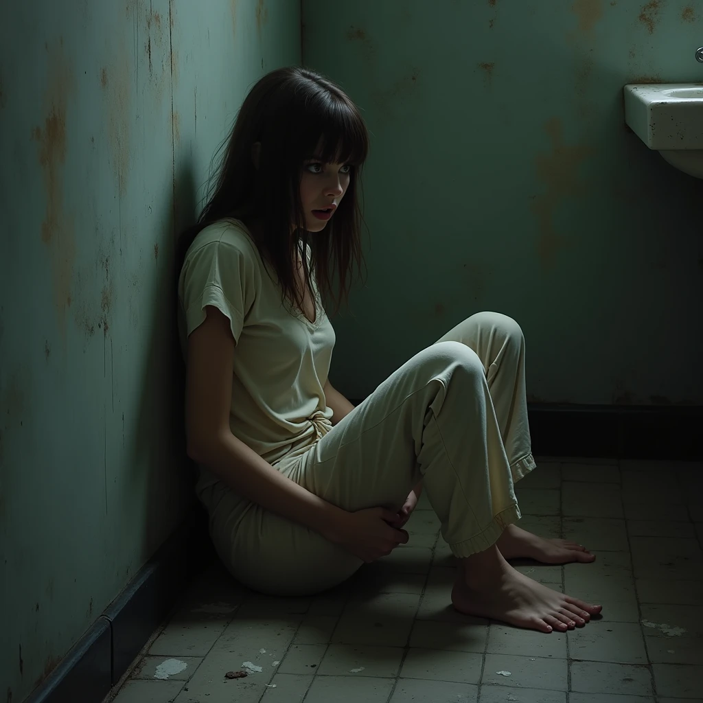 a brunette woman with straight hair, de 1,65m tall, is sitting on the floor of a dimly lit bathroom, almost dark, with walls covered in old paint and stained by time. She wears basic, dirty pajamas., stuck to the body by the sweat of fear. His face is pale, The wide eyes, reflecting the sheer horror of what he had just witnessed. 
The cold, damp bathroom floor amplifies the feeling of despair, as she presses her back against the wall. Her trembling hands grip the edges of her pajamas, in an attempt to hold on to something real amidst the nightmare that surrounds her. 
The sound of her heavy breathing echoes in the small space.. Fear paralyzes her, an invisible presence filling the air, heavy and suffocating. Something is lurking, and she can feel the slow, inevitable approach.