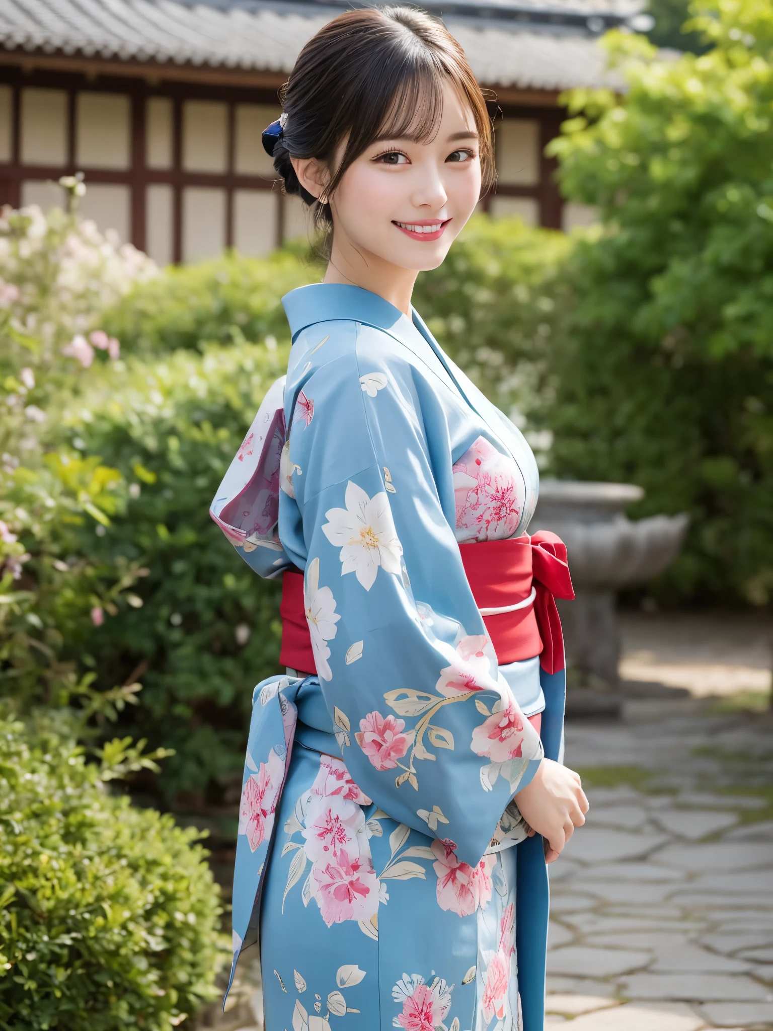 1girl, solo, highres, best_quality, masterpiece, detailed_background, intricate_details, beautiful, kanazawa, seisonkaku_villa, historical, garden, traditional_clothes, kimono, smile, looking_at_viewer, dynamic_pose, natural_pose, candid, happy
