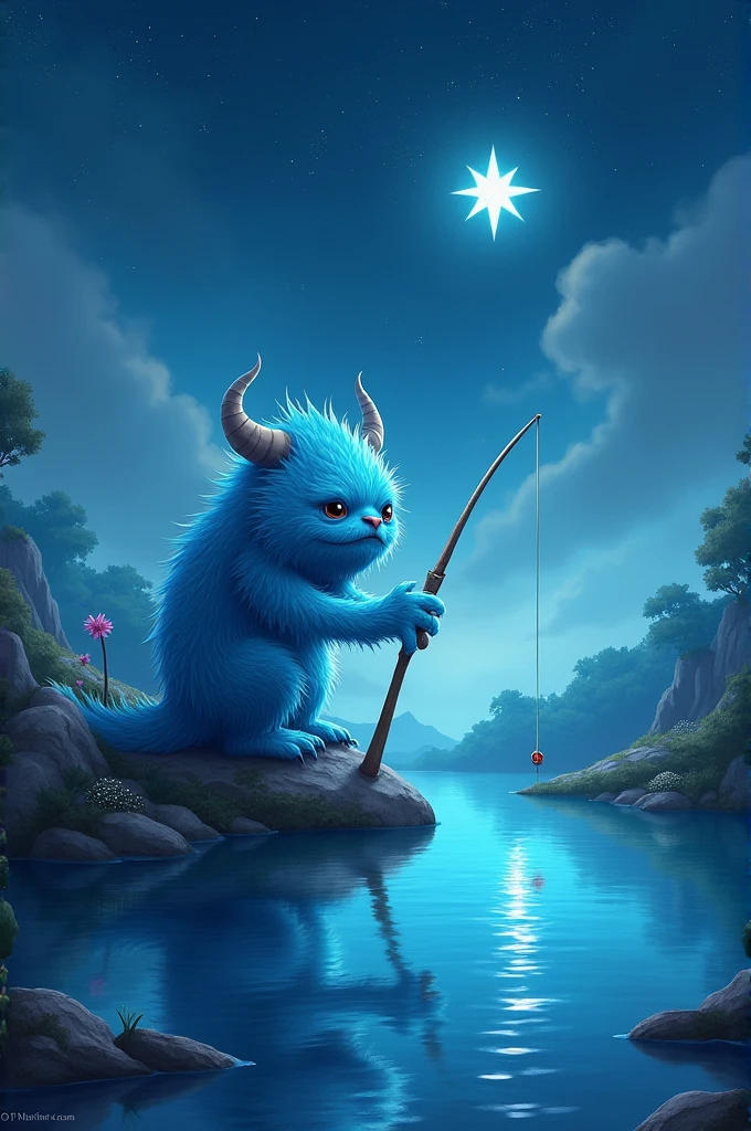 Blue moubstro with a white star fishing
