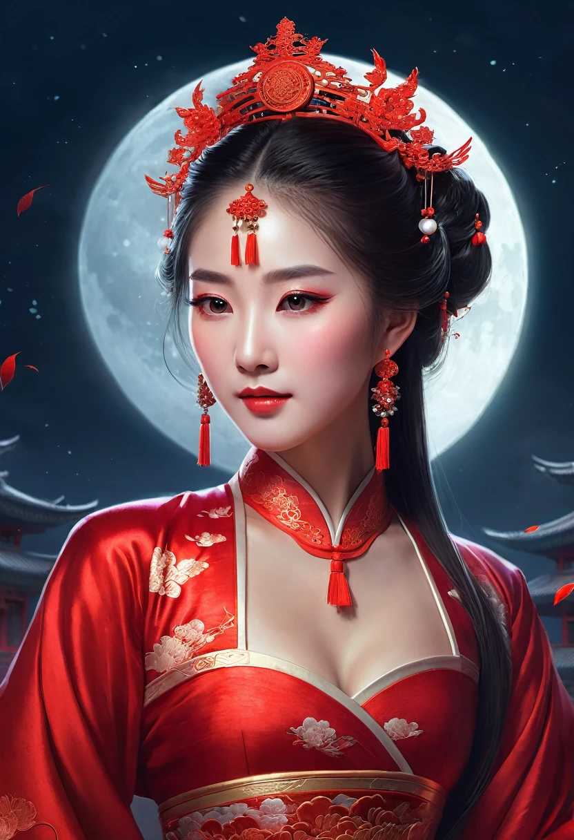a woman in a red dress with a red headpiece and a full moon behind her, chinese princess, chinese woman, chinese girl, beautiful digital artwork, beautiful oriental woman, ross tran 8 k, asian woman, stunning digital illustration, beautiful fantasy art portrait, palace ， a girl in hanfu, stunning digital painting, a beautiful fantasy empress, inspired by Wu Bin