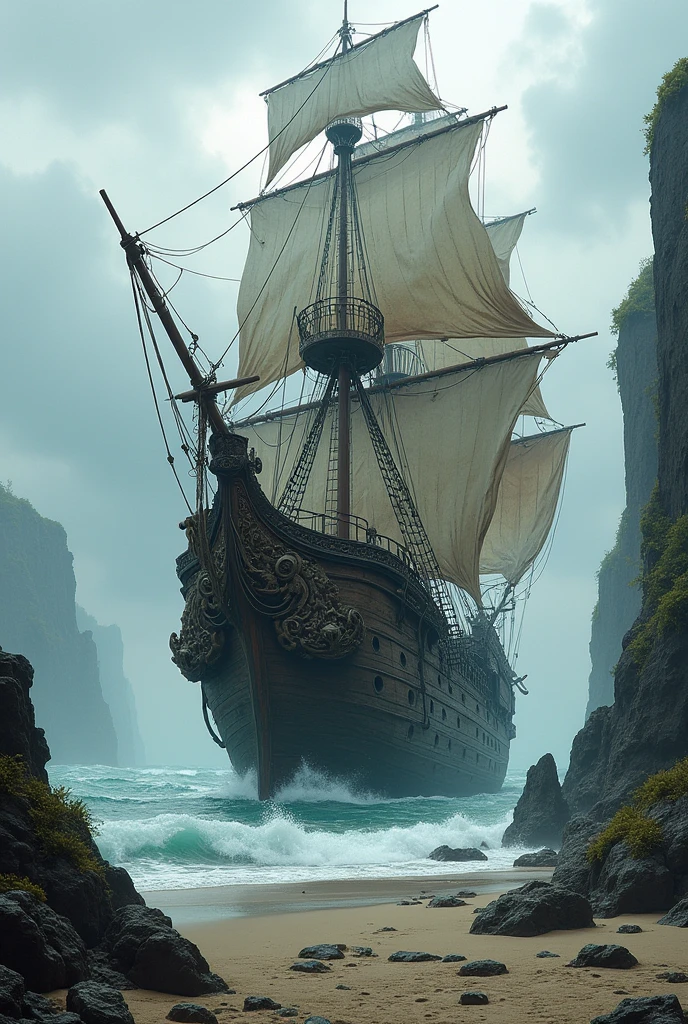 Large pirate ship arriving on land, without pirates just the image of the ship