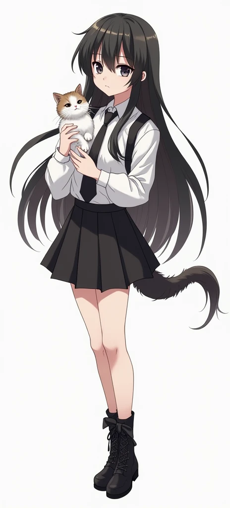 girl with long black hair and a white shirt holding a cat, yandere. tall, gapmoe yandere grimdark, gapmoe yandere, albedo from the anime overlord, yandere, albedo from overlord, anime full body illustration, kantai collection style, from girls frontline, anime moe artstyle