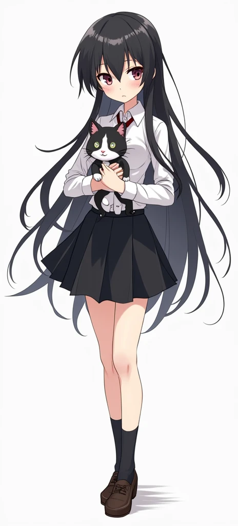 girl with long black hair and a white shirt holding a cat, yandere. tall, gapmoe yandere grimdark, gapmoe yandere, albedo from the anime overlord, yandere, albedo from overlord, anime full body illustration, kantai collection style, from girls frontline, anime moe artstyle