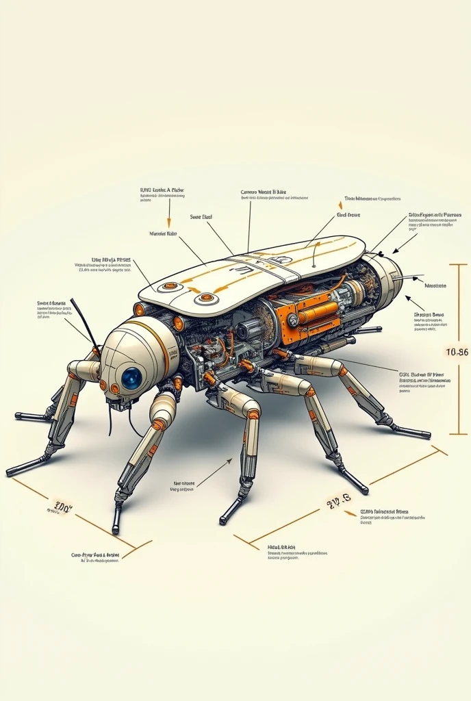 Diagram of the internal structure of the robotic cockroach, homemade showing servo motors, sensors and body structure.