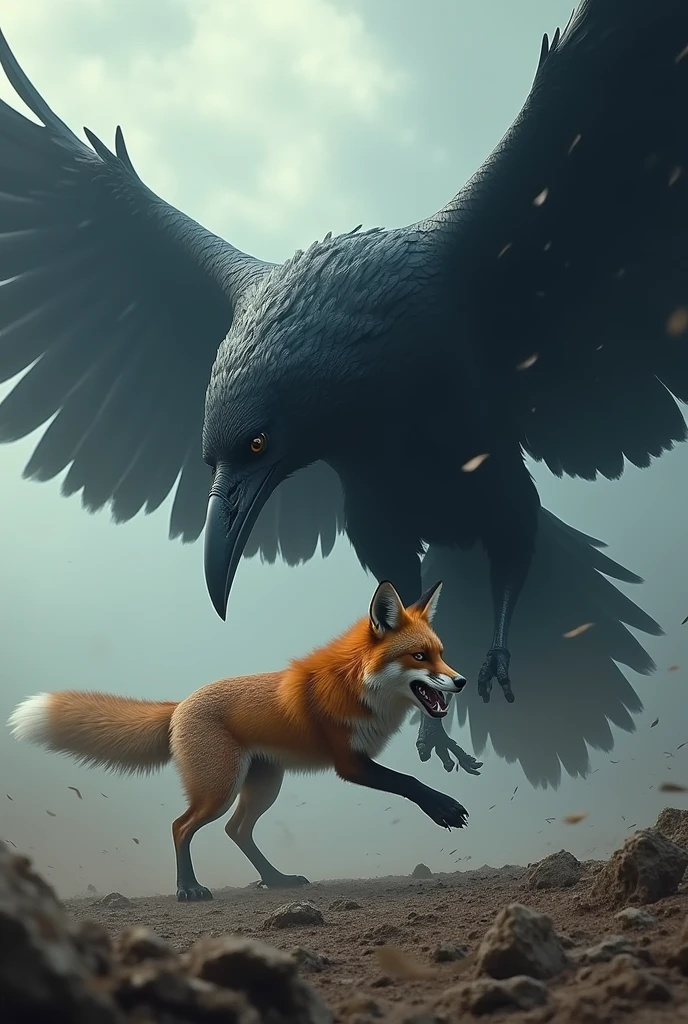 A giant crow fighting a giant fox