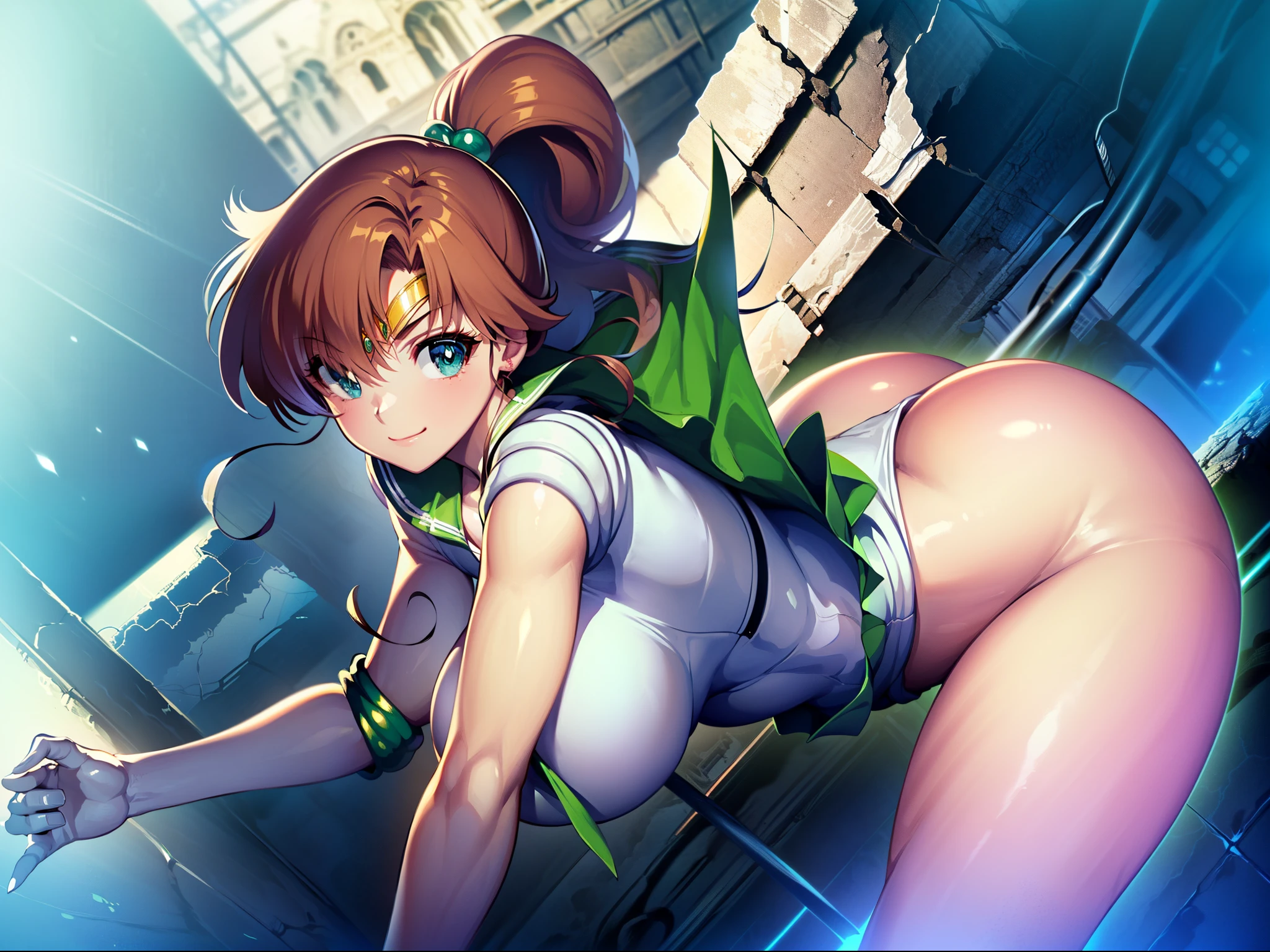 Highest quality, High resolution,((Sailor Jupiter)), One Girl, single, alone, Beauty, bangs, Brown Hair,Long ponytail)), ((Green Eyes, Beautiful eyelashes, )), (( Super anime CG style)), Big Breasts, Dynamic Angle, Perfect body, ((とても恥ずかしいパニックsmile、Look back and see this,(Point your butt forward)、（White lace sheer panties)、tall、No sleeve,The ruins in the background are very beautiful,Big eyes,(High definition and very beautiful eyes).smile,((Deep green ultra-mini skirt)),Looking up at the butt,Jupiter is visible,Big Ass,