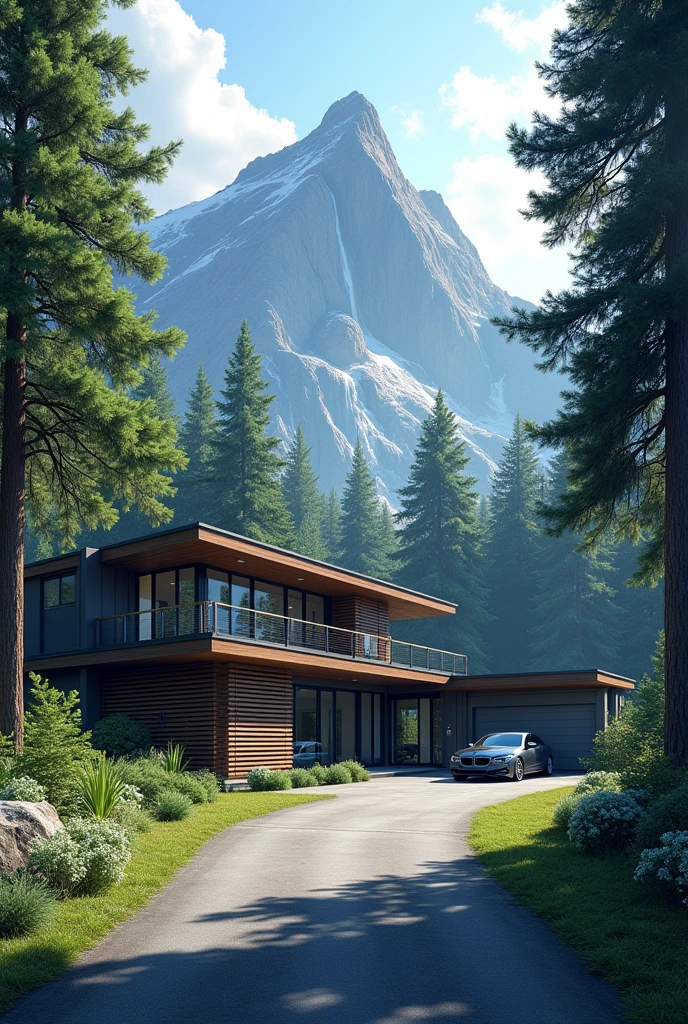 Create an illustration of a coniferous forest. In the center of the forest there is a modern two-story house. There is a garage for a car attached to the right.. There is an asphalt road adjacent to the house.. There is a BMW 5 Series car parked in front of the house.. There is a mountain with a waterfall behind the house. 