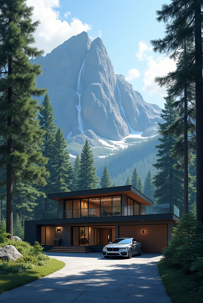 Create an illustration of a coniferous forest. In the center of the forest there is a modern two-story house. There is a garage for a car attached to the right.. There is an asphalt road adjacent to the house.. There is a BMW 5 Series car parked in front of the house.. There is a mountain with a waterfall behind the house.