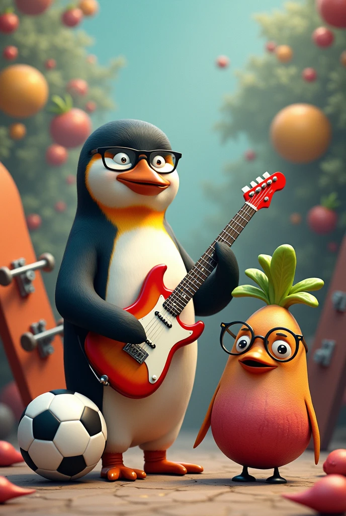 penguin with his electric guitar and a soccer ball and his skateboard and a radish with glasses 
