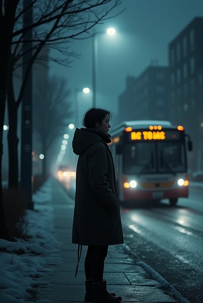 /imagine prompt: ANIMATED, personality: [Illustrate a dark, cold street at night with Riya standing alone, wrapped in her coat, shivering as a bus arrives. The atmosphere should be eerie with a moonless sky, distant city lights blurred in the background, and a sense of isolation surrounding her] unreal engine, hyper real --q 2 --v 5.2 --ar 16:9