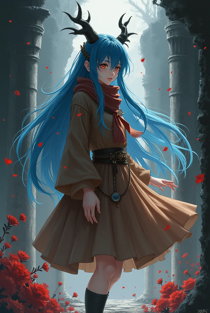 1 Girl,(Blue Hair)),Blue Eyes,Royal sister,Long hair,(loose Long hair),((Knee-length brown phoenix dress)),(胡德角),scarf，With a monocle,night,red flowers falling,Upper Body,ruins,Strong shadows,Ash,fire,ice,((Ink wAsh painting)),((ink splAshing)),((color splAshing)),indifferent，side，Humanity