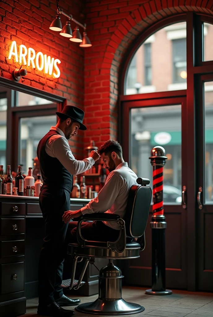 BARBERSHOP IN NEW YORK, There is a big mirror on the wall, Retro barber chair, (Antique barber chair), Realなイメージ, Clear images, Faded brick wall, (「ARROWS」A neon sign with capital letters), (Barber shop sign pole), (Male barber, lean body, suit, Wear a black hat), Highest quality, masterpiece, Ultra-high resolution,(Real:1.4), Original photo