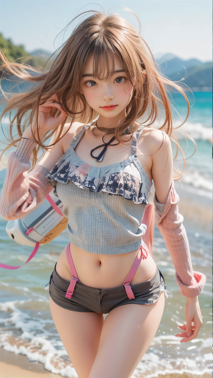 detailed face, masterpiece , Highest quality , Very detailed , 1 person, ((Contrasting Eyes)) , （Have fun), ((running)) , bikini, Beach , bangs