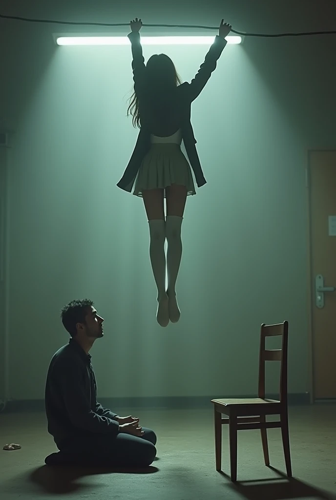 Scene of female student wearing white thigh high socks hanging herself to death ,hovering in the air , a man sitting on the ground in panic with a chair on the ground 