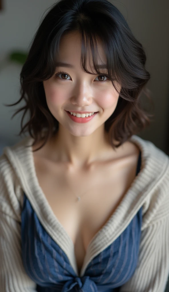 raw photo, real photo, 18yo, drooping eyes, Beautiful clear eyes, unique, individual, distinctive face, real skin, Bare skin, slightly open mouth, high school uniform, (dripping, cleavage, fascinating chest), saggy breasts, saggy fascinating chest, lovely, neat, calm, happy, innocent, peaceful, soothing, youthful, irreplaceable, (Extremely high-density images, Ultra-high resolution, 8k, Extremely high resolution, Super fine skin texture), Armpit, dimple, double teeth, charming, (A big smile), from above