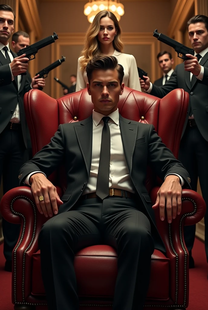 A striking and powerful movie poster featuring a young, handsome Mafia Boss exuding confidence as he sits in a luxurious boss chair. He is impeccably dressed in a stylish, tailored suit. Behind him stands a beautiful woman, elegantly dressed, embodying grace and poise. Next to her, there is a second version of the Mafia Boss dressed in simple, unassuming clothes, adding an intriguing contrast.

The background is a lavish bungalow with an opulent design, hinting at the Mafia Boss's hidden empire. Surrounding the bungalow are several men, all dressed in black suits, holding guns firmly in their hands, creating a sense of dominance and authority. The overall atmosphere is intense and dramatic, with a mix of luxury and power, setting the tone for a thrilling narrative.