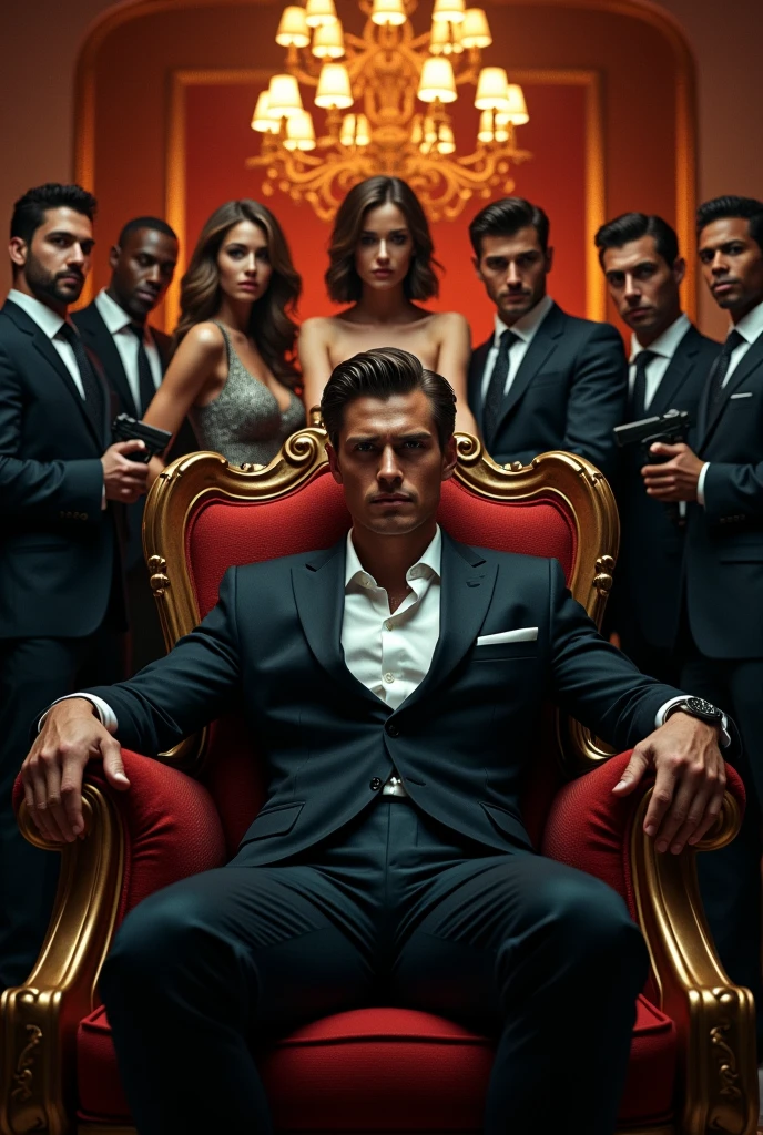 A striking and powerful movie poster featuring a young, handsome Mafia Boss exuding confidence as he sits in a luxurious boss chair. He is impeccably dressed in a stylish, tailored suit. Behind him stands a beautiful woman, elegantly dressed, embodying grace and poise. Next to her, there is a second version of the Mafia Boss dressed in simple, unassuming clothes, adding an intriguing contrast.
The background is a lavish bungalow with an opulent design, hinting at the Mafia Boss's hidden empire. Surrounding the bungalow are several men, all dressed in black suits, holding guns firmly in their hands, creating a sense of dominance and authority. The overall atmosphere is intense and dramatic, with a mix of luxury and power, setting the tone for a thrilling narrative.