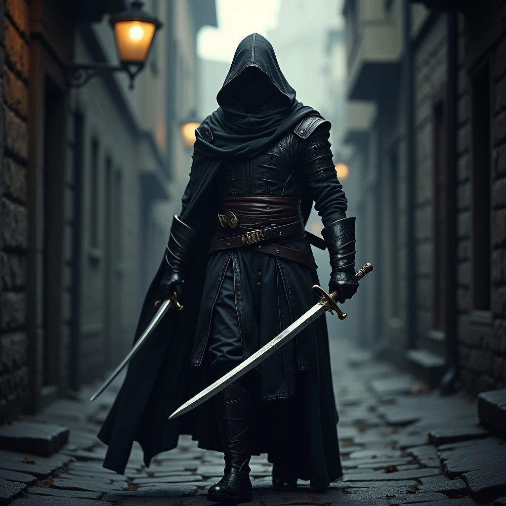 a medieval assassin in leather armor with two swords
