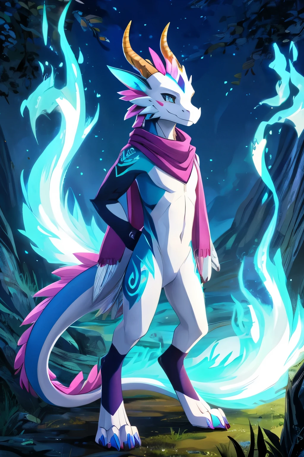 (anime), (front facing), (looking at the camera), slim furry white fire dragon, blue fire magic, secondary body colors, (blue, magenta and cyan undertones), long muzzle, neck and tail fur, digitigrade, creative horns, feathers, (wearing only a scarf), nature background, full body