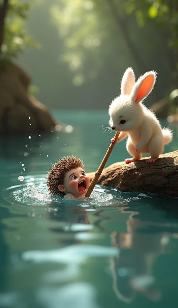 A deep river is flowing. There is a small hedgehog baby inside the river. The hedgehog's face expression looks shocked. There is a log lying on the river. A small rabbit baby is standing on the log. The rabbit is white in colour. The rabbit has small ears. The rabbit's hair is like feathers. The rabbit's face expression is shocked. The rabbit is holding a stick of the hedgehog inside the river in its hands so that the hedgehog can come out.image in 3d animation 