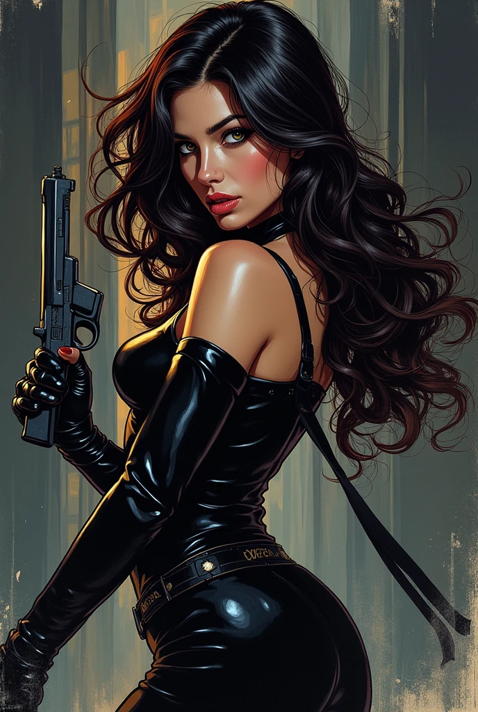 sexy girl, sexy clothes, black clothes, Profile, sexy look, comic illustration style, Retro style, comic, manga, marvel style, Dark, Violent, Armada, aggressive, dark, evil, malevolent, beautiful, white, night, Violento, sonrisa evil, aggressive, comic illustration, posando Profile, with a gun in his hand, action pose, active, in action, moving, attacking, walking, at the point of attack, in action, moving, Marker drawing style