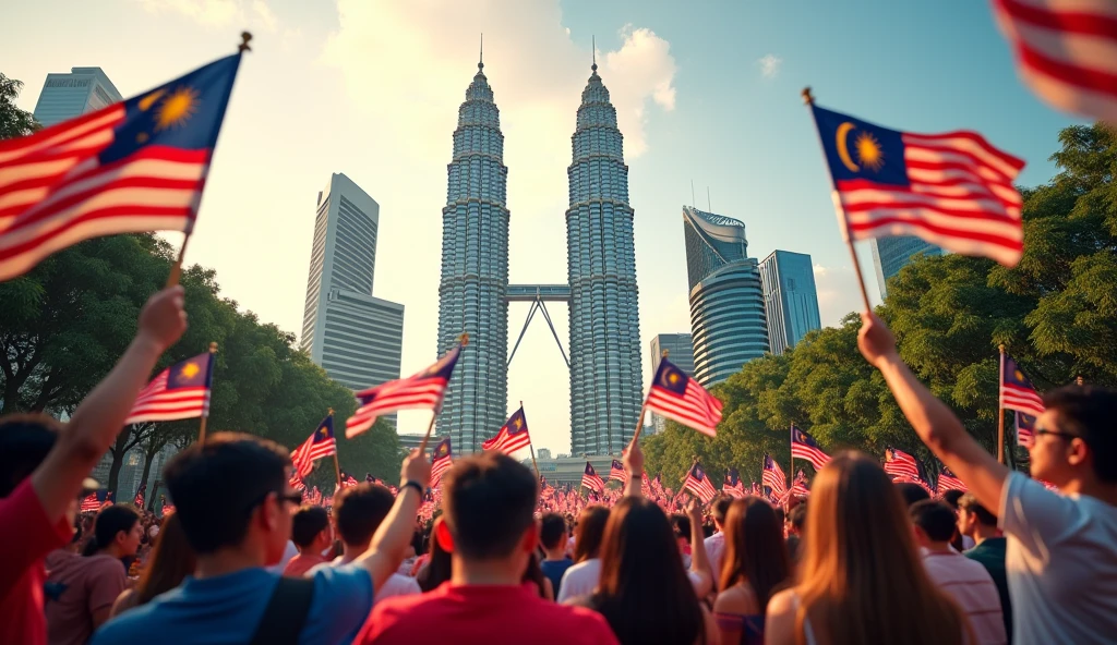 4k photo, realistic, Malaysia day, Citizens crowd in front of the Petronas twin tower, Citizens' cloth different color and mix gender, citizens are holding Malaysia flag, Make sure Malaysia flags are correct, festival, happy and shocking feeling, nice lighting