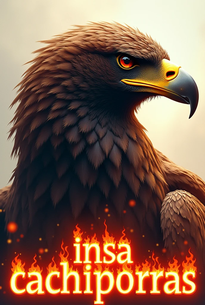 An eagle head on its right side that has some letters at the bottom that say INSA CACHIPORRAS in fire-colored letters in vibrant colors like very real flames